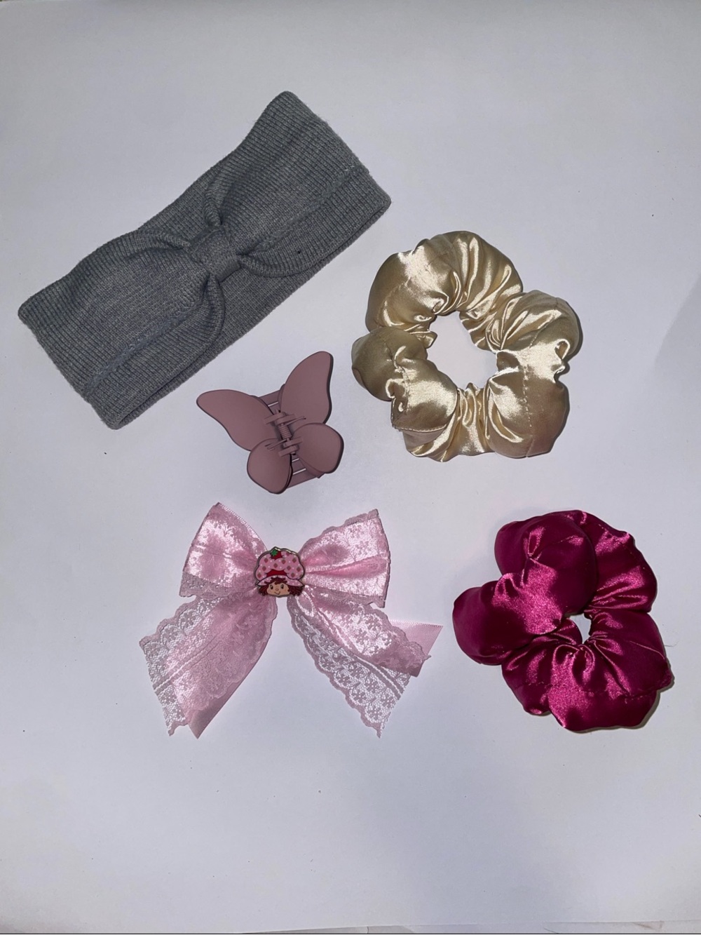 Hair Accessory Set with Gray Headband, Pink Bow & Satin Scrunchies
